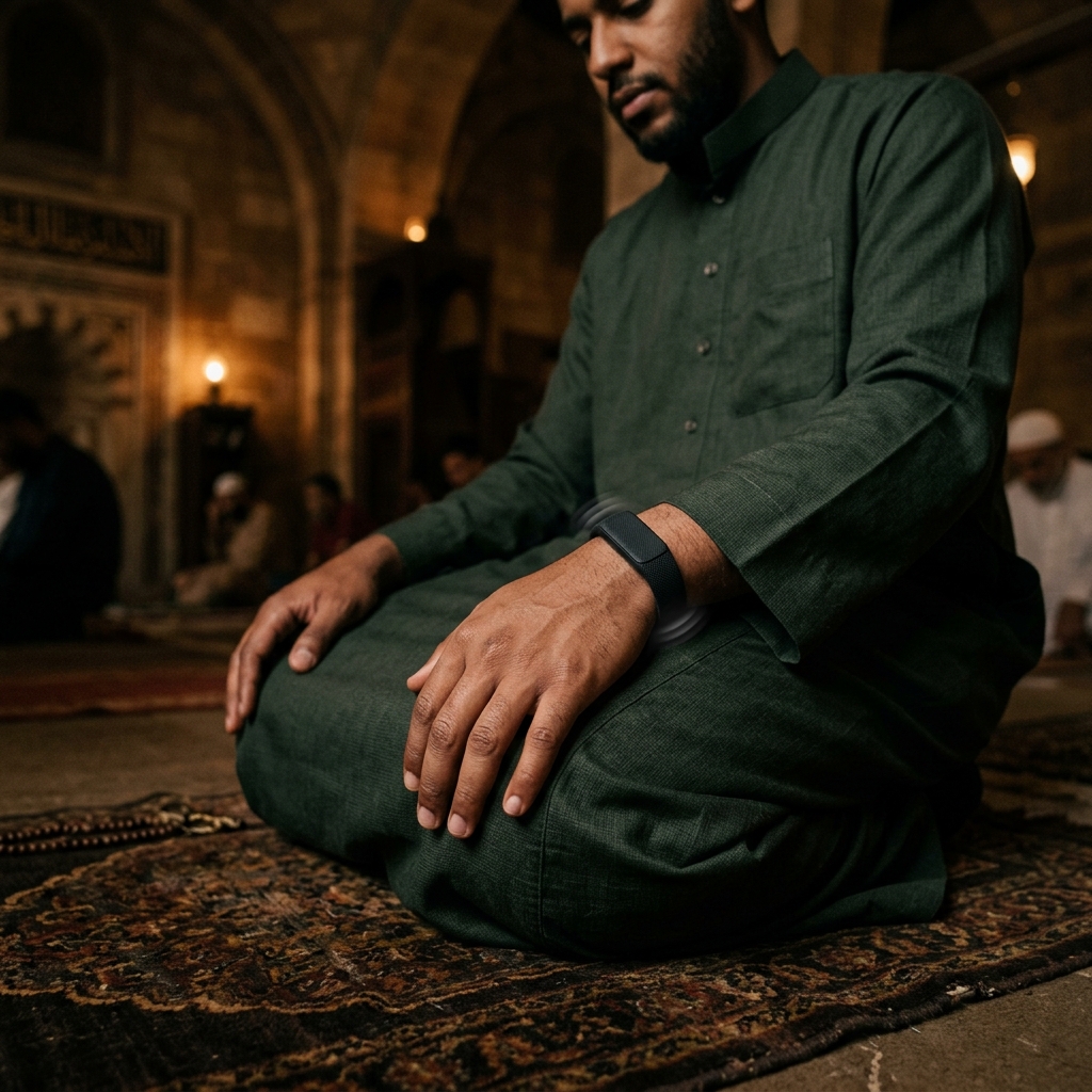 A hand at rest during prayer, the wristband giving a subtle haptic tap