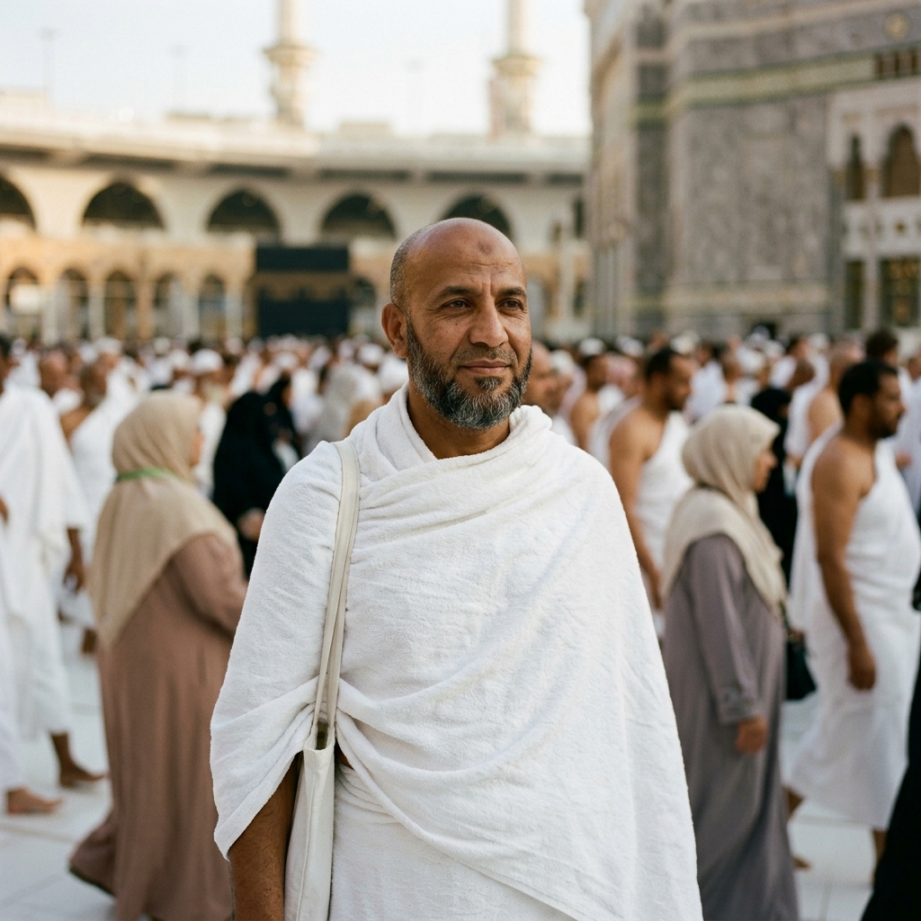 A pilgrim in ihram, calm and safe amid the crowd