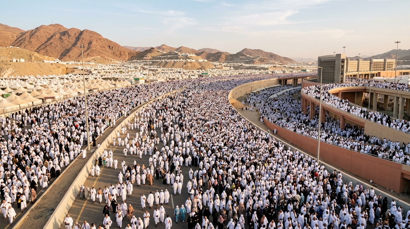 Wide shot evoking Hajj scale, warm and hopeful